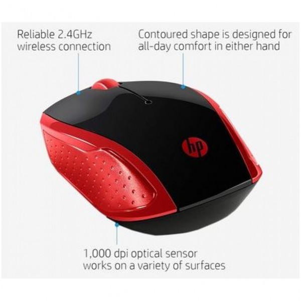 Miš HP 200 brezžična črno-rdeča 1000 DPI (2HU82AA) (E30L)