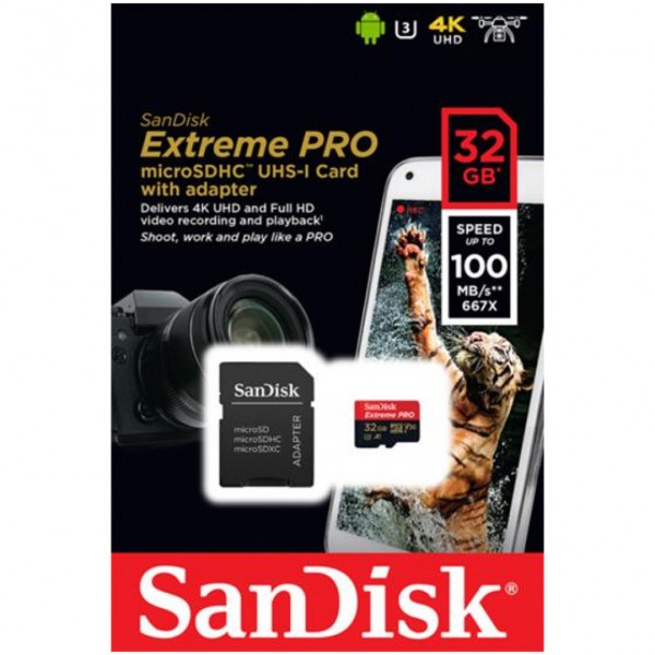 FLASH SDXC-Micro 32GB Sandisk - 100/90MB/s Extreme PRO UHS-I U3 (SDSQXCG-032G-GN6MA) + adapter